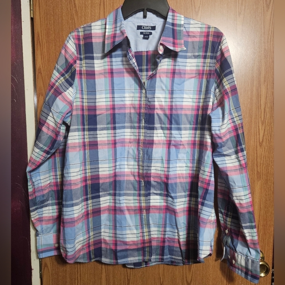 Chaps Men's Shirt Non-Iron Spring Plaid Button Up Long Sleeve Size XL Cotton!